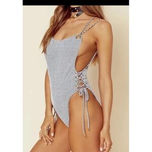 Blue Life Black White Geometric Lace Up One Piece Swimsuit Size L